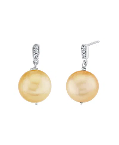 Macy's Cultured Golden South Sea Pearl (9-12mm) Diamond Accent Drop Earrings In Sterling Silver