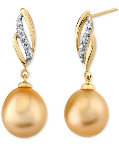 Macy's Cultured Golden South Sea Pearl (9mm) & Diamond (1/10 Ct. T.w.) Drop Earrings In 14k Gold