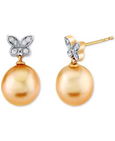 Macy's Cultured Golden South Sea Pearl (9mm) & Diamond (1/10 Ct. T.w.) Drop Earrings In 14k Yellow Gold