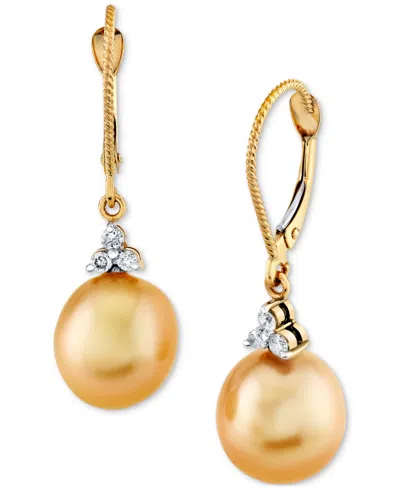 Macy's Cultured Golden South Sea Pearl (9mm) & Diamond (1/8 Ct. T.w.) Drop Earrings In 14k Yellow Gold