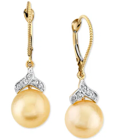 Macy's Cultured Golden South Sea Pearl (9mm) & Diamond (1/8 Ct. T.w.) Leverback Drop Earrings In 14k Gold In Yellow Gold