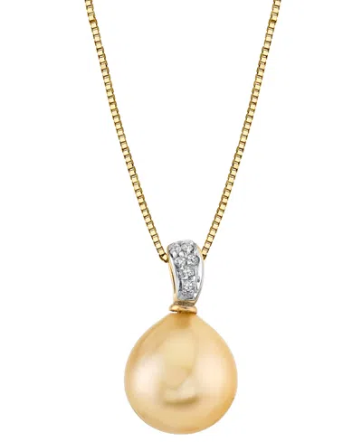 Macy's Cultured Golden South Sea Pearl (9mm) & Diamond Accent 18" Pendant Necklace In 10k Gold In Yellow Gold