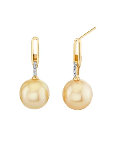 Macy's Cultured Golden South Sea Pearl (9mm) & Diamond Accent Drop Earrings In 10k Yellow Gold