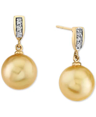 Macy's Cultured Golden South Sea Pearl (9mm) & Diamond Accent Drop Earrings In 14k Gold In Yellow Gold