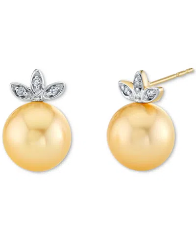 Macy's Cultured Golden South Sea Pearl (9mm) & Diamond Accent Stud Earrings In 14k Yellow & White Gold