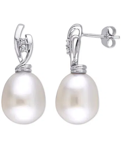 Macy's Cultured South Sea Pearl (11mm) & Diamond (1/20 Ct. T.w.) Oval Drop Earrings In 14k White Gold In Metallic
