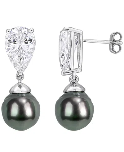 Macy's Cultured Tahitian Pearl (10-10.5mm) And White Sapphire (10-3/4 Ct. T.w.) Drop Earrings In Sterling S In Silver