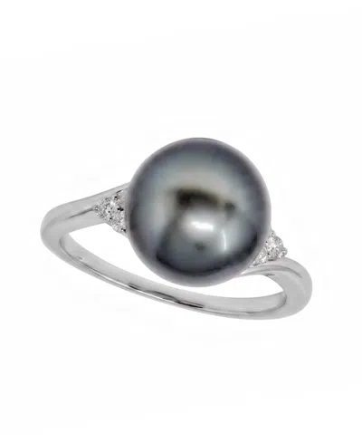 Macy's Cultured Tahitian Pearl (10mm) & Diamond (1/10 Ct. T.w.) Ring In 14k White Gold In Metallic