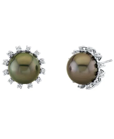 Macy's Cultured Tahitian Pearl (10mm) & Diamond (1/4 Ct. T.w.) Earrings In 10k White Gold In Brown