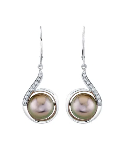 Macy's Cultured Tahitian Pearl (10mm) & Diamond (1/6 Ct. T.w.) Earrings In Sterling Silver In Brown