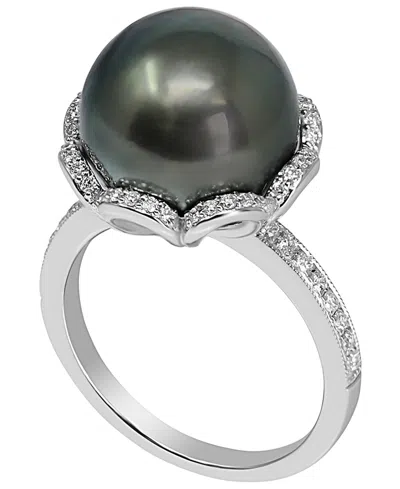 Macy's Cultured Tahitian Pearl (11mm) & Diamond (1/4 Ct. T.w.) Ring In 925 Sterling Silver In Metallic