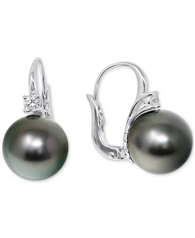 Macy's Cultured Tahitian Pearl (11mm) & Diamond (1/5 Ct. T.w.) Leverback Earrings In 14k White Gold