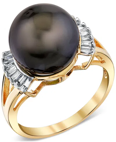 Macy's Cultured Tahitian Pearl (11mm) & Diamond (1/5 Ct. T.w.) Ring In 14k Gold In Black