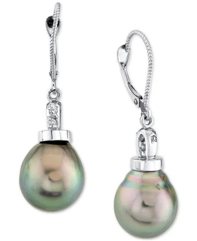 Macy's Cultured Tahitian Pearl (11mm) & Diamond Accent Leverback Drop Earrings In 14k White Gold In Black