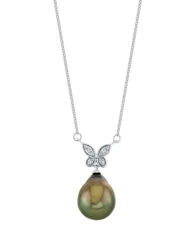 Macy's Cultured Tahitian Pearl (11mm) & Diamond Accent Necklace In 14k White Gold In Multi