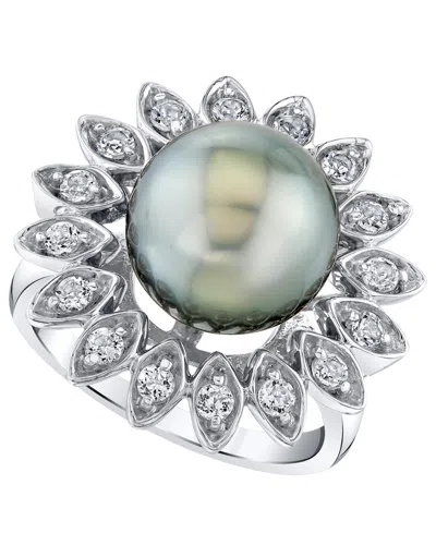 Macy's Cultured Tahitian Pearl (11mm) & White Topaz (5/8 Ct. T.w.) Ring In Sterling Silver,  Exclusiv In Metallic