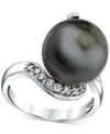 Macy's Cultured Tahitian Pearl (13mm) & Diamond (1/3 Ct. T.w.) Swirl Statement Ring In 14k White Gold In Black