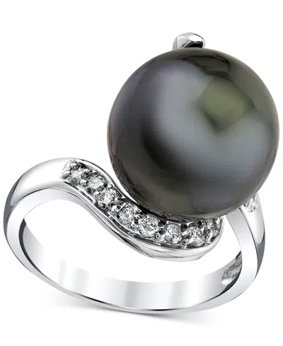 Macy's Cultured Tahitian Pearl (13mm) & Diamond (1/3 Ct. T.w.) Swirl Statement Ring In 14k White Gold In Black
