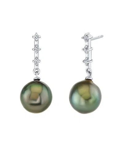 Macy's Cultured Tahitian Pearl (9mm) & Diamond (1/10 Ct. T.w.) Drop Earrings In 10k White Gold In Metallic