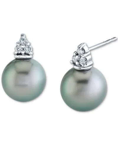 Macy's Cultured Tahitian Pearl (9mm) & Diamond (1/8 Ct. T.w.) Stud Earrings In 14k White Gold In Metallic