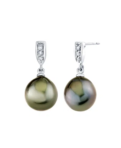 Macy's Cultured Tahitian Pearl (9mm) & Diamond Accent Earrings In 14k White Gold In Brown
