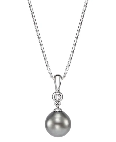 Macy's Cultured Tahitian Pearl & Diamond (0.027 Ct. T.w.) Pendant Necklace In Sterling Silver