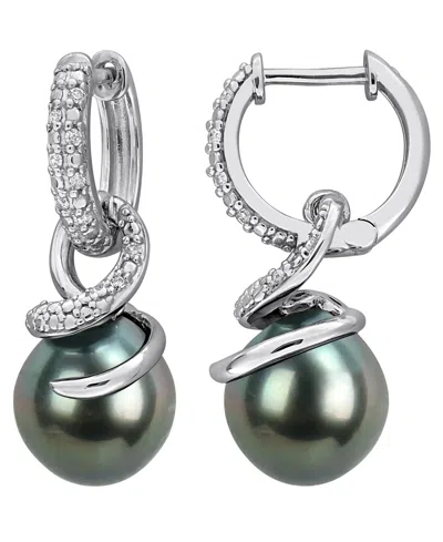 Macy's Cultured Tahitian Pearl And Diamond (1/10 Ct. T.w.) Drop Earrings In Sterling Silver In Multi