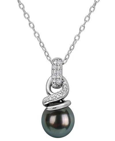 Macy's Cultured Tahitian Pearl And Diamond Accent (0.04 Ct. T.w.) Necklace In Sterling Silver In Gray