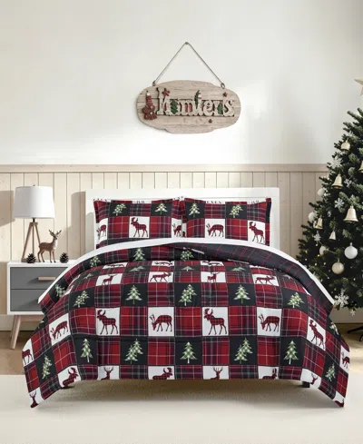 Macy's Deer Check Reversible Microfiber 3-piece Comforter Set In Red
