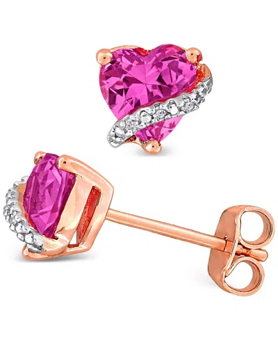 Macy's Delmar Lab-created Pink Sapphire (2 Ct. T.w.) & Diamond Accent Heart Stud Earrings In Rose Gold-plat