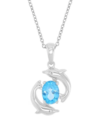 Macy's Diamond (0.006 Ct. T.w.) And Swiss Blue Topaz (1 Ct. T.w.) Duo Dolphins Necklace In Rhodium Over Ste In Metallic