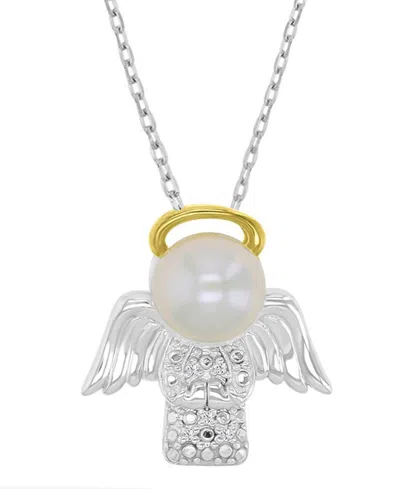 Macy's Diamond (0.01 Ct. T.w.) & Imitation Pearl Angel Necklace In 14k Yellow Gold Over Sterling Silver