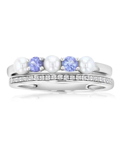 Macy's Diamond (0.069 Ct. T.w.) Imitation Pearl & Tanzanite Stackable Band Ring Set In Rhodium Over Sterlin In Silver