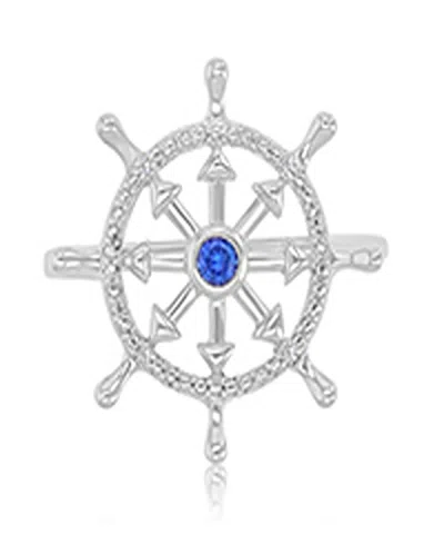 Macy's Diamond Accent & Created Blue Sapphire Rudder Ring In Rhodium Over Sterling Silver In Orange