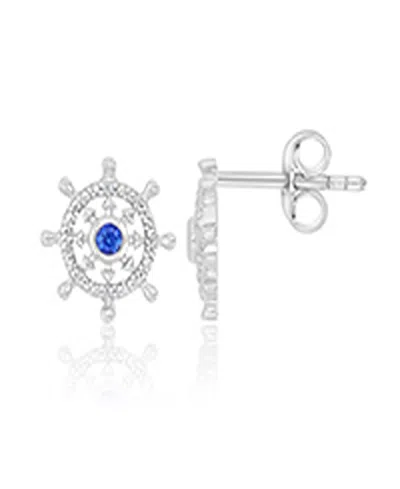 Macy's Diamond Accent & Created Blue Sapphire Rudder Stud Earrings In Rhodium Over Sterling Silver In Gray