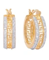 Macy's Diamond Accent Greek Key Design Huggie Hoop Earrings In Two Tone Gold Plate In Gold
