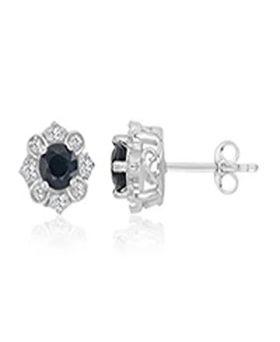 Macy's Diamond And Blue Sapphire Stud Earrings In 10k White Gold In Silver