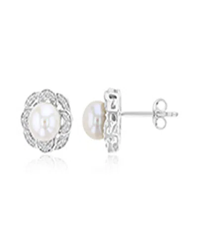 Macy's Diamond & Imitation Pearl Stud Earrings In Rhodium Over Sterling Silver In Multi