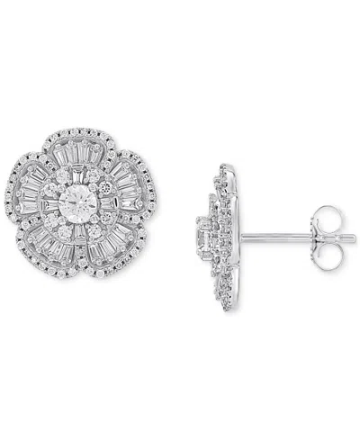 Macy's Diamond Baguette & Round Flower Stud Earrings (1 Ct. T.w.) In 14k White Gold