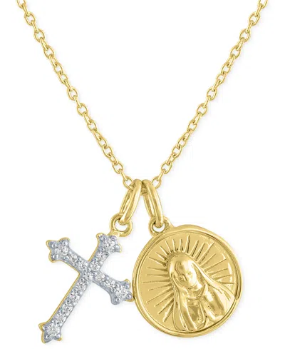 Macy's Diamond Cross & Saint Medallion 18" Pendant Necklace (1/10 Ct. T.w.) In 14k Gold-plated Sterling Sil In Gold-plated Sterling Silver