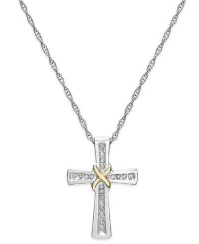 Macy's Diamond Cross X Pendant Necklace In Sterling Silver And 14k Gold (1/10 Ct. T.w.) In Two-tone