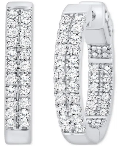 Macy's Diamond Double-row Small Hoop Earrings (1 Ct. T.w.) In 10k White Gold, 0.7"