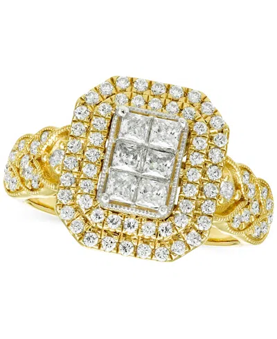 Macy's Diamond Emerald Shaped Double Halo Cluster Ring (1 Ct. T.w.) In 14k Two-tone Gold In Two Tone Gold