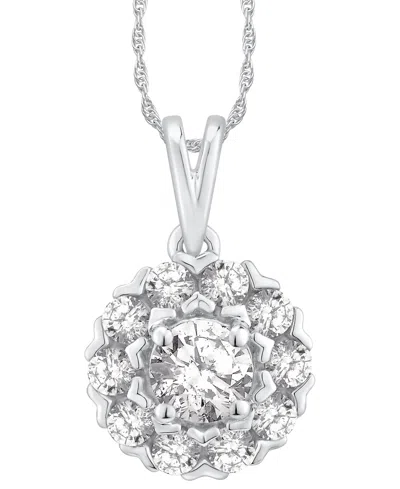 Macy's Diamond Halo Adjustable 18" Pendant Necklace (1 Ct. T.w.) In 14k White Gold In Metallic