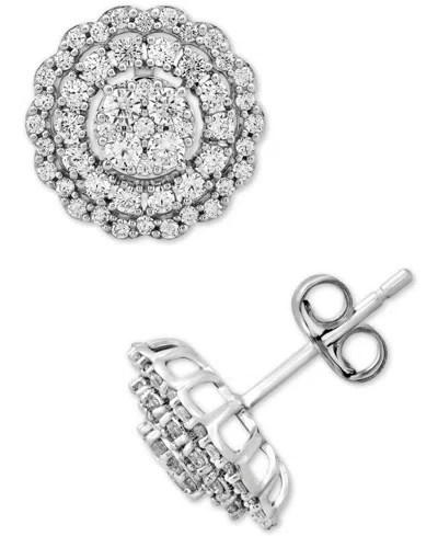 Macy's Diamond Halo Cluster Stud Earrings (1 Ct. T.w.) In 10k White Gold In Silver