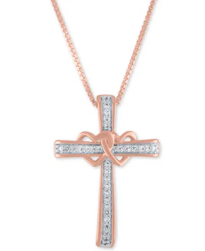 Macy's Diamond Heart And Cross 18" Pendant Necklace (1/10 Ct. T.w.) In 14k Rose Gold-plated Sterling Silver
