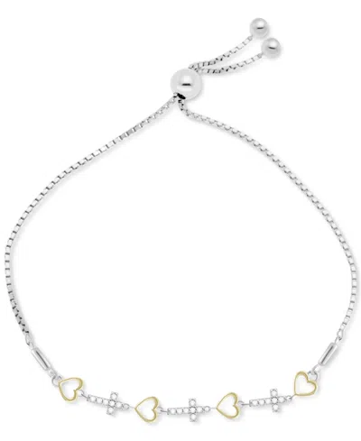 Macy's Diamond Heart & Cross Bolo Bracelet (1/6 Ct. T.w.) In Sterling Silver & Gold-plated Sterling Silver In Sterling Silver  Gold Plated Sterling Si