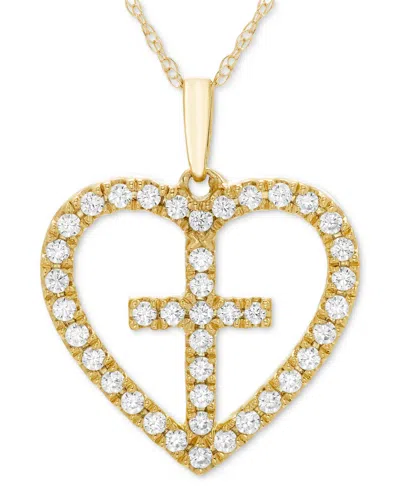 Macy's Diamond Heart Cross 18" Pendant Necklace (1/3 Ct. T.w.) In 14k Gold In Yellow Gold