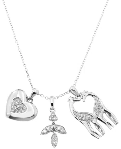 Macy's Diamond Heart, Leaf & Giraffes Three Charm Pendant Necklace (1/3 Ct. T.w.) In Sterling Silver, 16" +