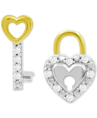 Macy's Diamond Lock & Key Mismatch Stud Earrings (1/10 Ct. T.w.) In Sterling Silver & 14k Gold-plate In Sterling Silver  14k Gold-plate
